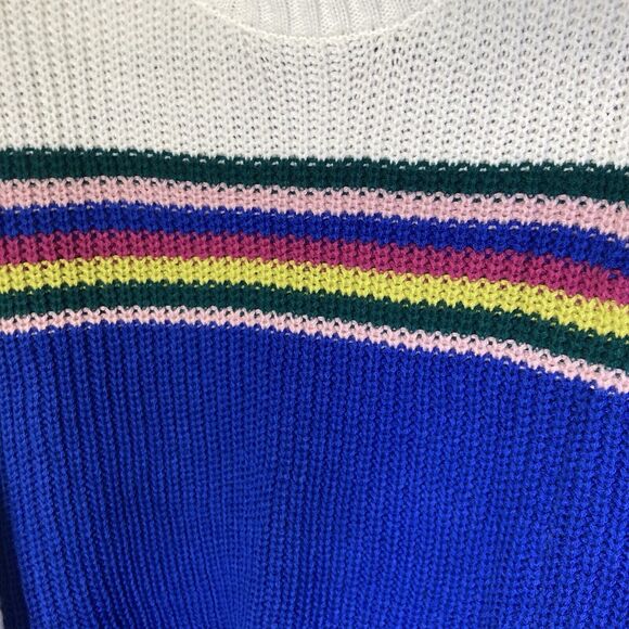 TRUE CRAFT white blue multicolor stripe color block crew neck pullover sweater M - Picture 3 of 11